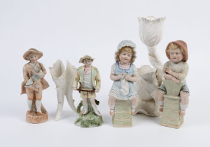 Four antique German bisque porcelain statues and two cream porcelain vases of organic form, 19th century, (6 items), the largest 31cm high