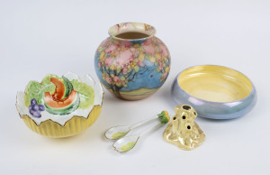 Falcon Ware porcelain vase, English float bowl with flower aid and a Noritake salad bowl with servers, 20th century, (5 items), the vase 20cm high, 21cm wide