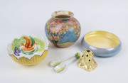 Falcon Ware porcelain vase, English float bowl with flower aid and a Noritake salad bowl with servers, 20th century, (5 items), the vase 20cm high, 21cm wide