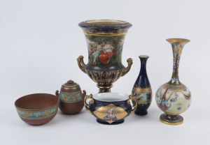 Antique porcelain urn, vases, bowls and lidded jar, English and French, 19th century, (6 items), the largest 34cm high