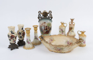 Antique porcelain mantel vases, serving bowl, candlesticks and jugs, English and Continental, 19th and 20th century, (9 items), the largest 29cm high
