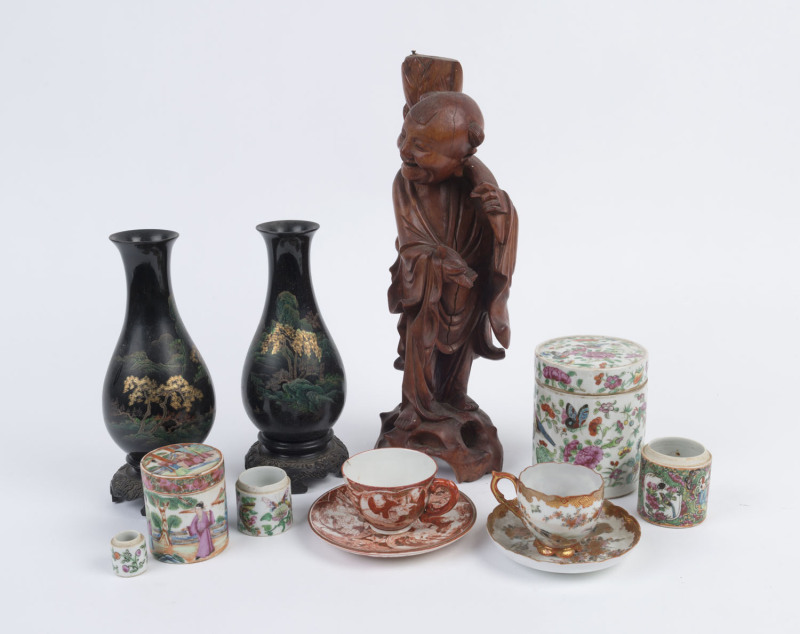 Chinese carved wooden statue, Canton ware jars, pair of Japanese lacquered vases and two cups and saucers, ​19th and 20th century, (12 items), the largest 38cm high