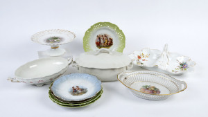 Antique porcelain compote, savory dish, porcelain tureen, serving dishes and five French cabinet plates, 19th and 20th century, (10 items), the compote 9cm high, 23cm diameter