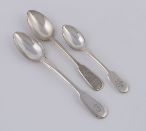 Three assorted Russian silver spoons, 19th and early 20th century, the largest 16cm long, 80 grams total