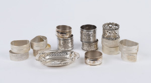 Sterling silver dish and two napkin rings together with 12 assorted silver plated napkin rings, 19th and 20th century, ​silver wight 57 grams total