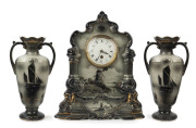 A three piece porcelain clock set with windmill decoration, timepiece only, late 19th century, ​40cm high