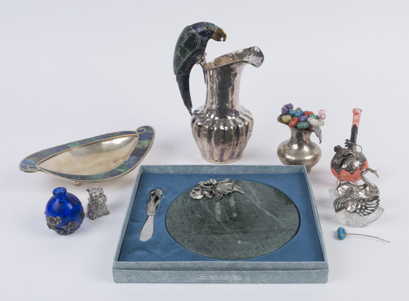 Mexican silver plated jugs and bowl with stone inlaid decoration, assorted cocktail skewers, two silver and glass swan condiments, two glass vases with metal decoration, an owl ornament and a cheese board boxed set, 20th century, (10 items), ​the larger j