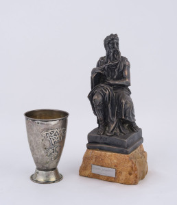 ISAAC JEHESKEL Israeli silver Moses statue together with a wine cup, 20th century, (2 items), the statue 20cm high