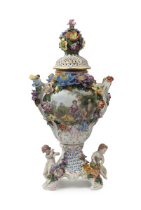DRESDEN German porcelain lidded urn, 20th century, blue factory mark stamped "Dresden", 49cm high