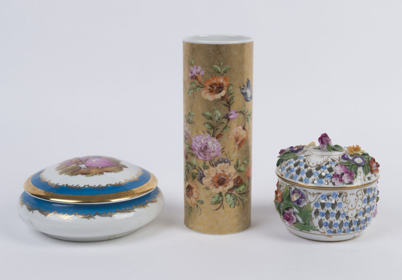 KAISER German porcelain floral vase, Dresden porcelain box and a Limoges porcelain box, 20th century, (3 items), the vase 21.5cm high
