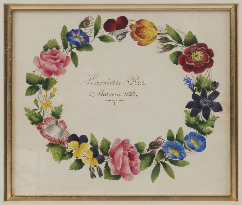 Artist Unknown, (Watercolour wreath), inscribed for "Henriette Roe, Malvern 1826", 16 x 18cm.