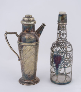 A silver overlay glass whisky decanter and a silver plated Art Deco cocktail shaker, 20th century, (2 items), 29cm and 28cm high