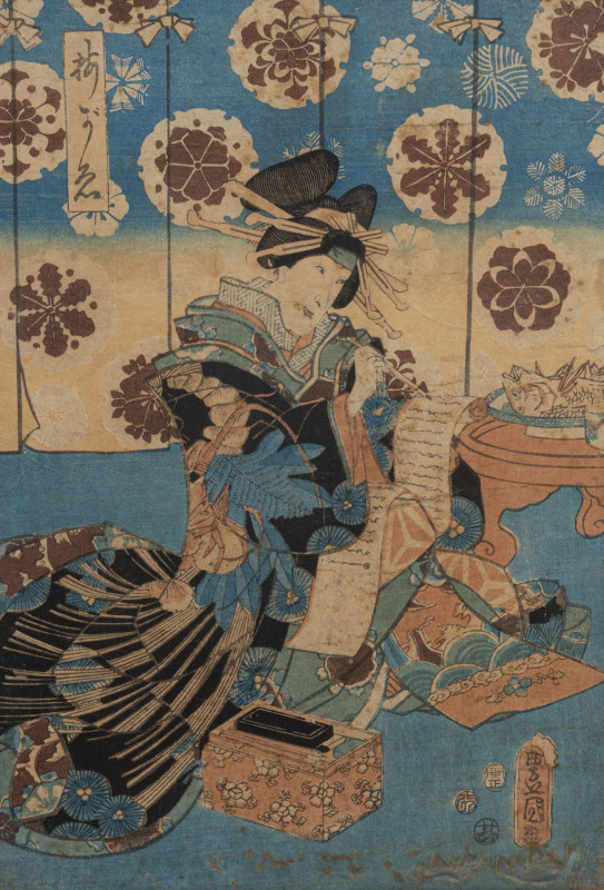 Four antique Japanese woodblock prints by Keisai Eisen (1790-1848), Toyokuni III (1786-1865), plus two smaller examples, Edo period, first half if the 19th century, (4 items), ​the largest 36 x 24cm