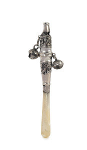 An English sterling silver baby rattle with whistle end and mother of pearl handle, made in Birmingham, circa 1894, 9.5cm high