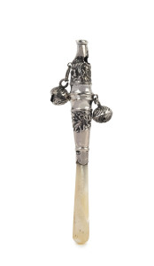 An English sterling silver baby rattle with whistle end and mother of pearl handle, made in Birmingham, circa 1894, ​9.5cm high