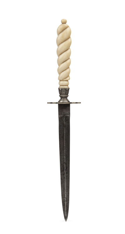 An antique German paper knife, steel blade with silver collar and carved marine ivory handle, 19th century, ​22.5cm long