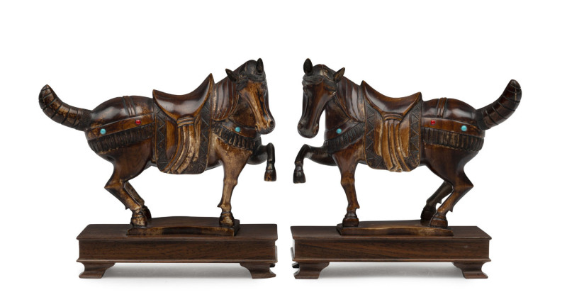 A pair of Chinese carved ivory horse statues, patinated finish studded with turquoise and coral, 19th/20th century, ​15cm high, 16cm long