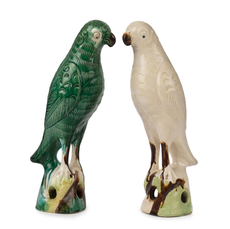 Two Chinese export pottery parrot statues, 19th/20th century, ​30cm and 31cm high