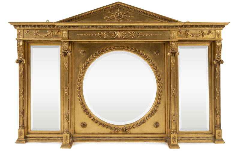 An antique French gilded overmantel mirror, mid 19th century, ​95cm high, 176cm wide, 20cm deep 