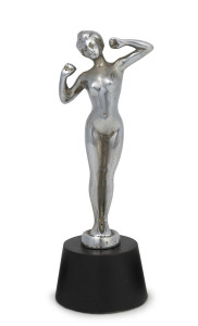 A chrome plated standing female nude car mascot on later wooden plinth, circa 1930, 20.5cm high overall