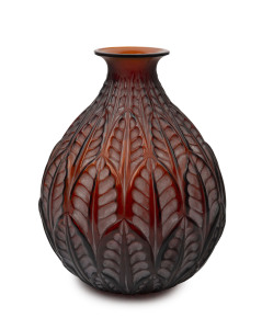 LALIQUE "Malesherbes" French Art Deco amber glass vase, circa 1927, engraved "R. Lalique, France", 23cm high