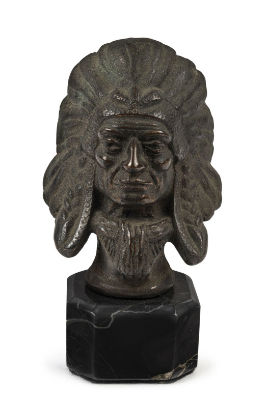 A cast bronze Indian Chief car mascot mounted on marble plinth, circa 1920s, ​13cm high overall