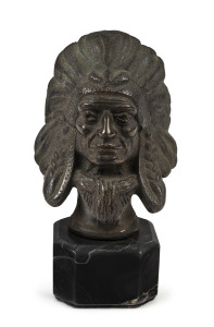 A cast bronze Indian Chief car mascot mounted on marble plinth, circa 1920s, 13cm high overall