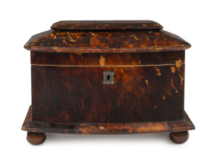 A fine Georgian tea caddy, tortoiseshell and ivory with silver name plaque, early 19th century, fitted with two compartments with tortoiseshell lids, 15cm high, 20cm wide 13cm deep