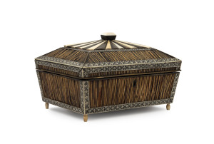An Anglo-Indian Vizagapatam work box, porcupine quill, bone, ebony, horn and ivory on sandalwood, interior handsomely fitted with compartments and pin cushions, early 19th century. With accompanying contemporaneous note saying it was left to S. Shotton in 1839. 15cm high, 22cm wide, 16cm deep