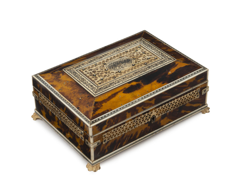 An Anglo-Indian Vizagapatam jewellery box, tortoiseshell, ivory and bone, circa 1840, ​8cm high, 19cm wide, 13cm deep