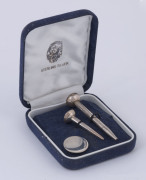 A sterling silver boxed golfing set, 20th century, stamped "925" with pictorial maker's marks, ​the larger tee 6.5cm high