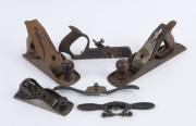 Six assorted metal hand tools including an Australian Falcon No.F5 plane, Stanley No.220 plane, Bailey plane, Stanley No.192 plane, Record No.051 and an antique American saw set by H. Disston & Sons, 19th and 20th century, (6 items), ​the Falcon sole 35.5