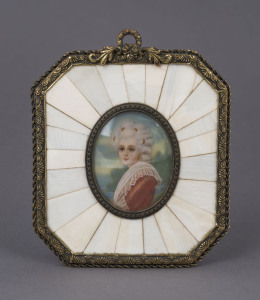 A miniature portrait in gilt metal and piano ivory frame, 19th century, 11 x 9cm overall