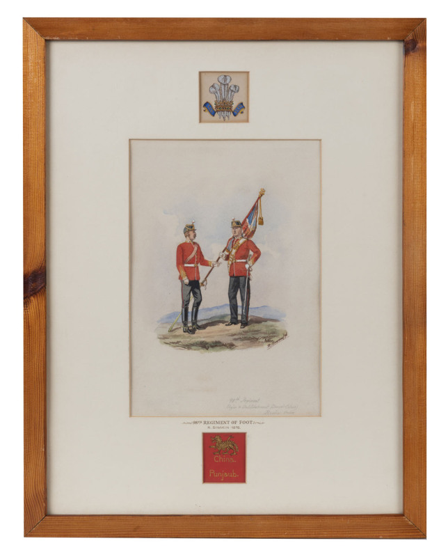 RICHARD SIMKIN (British, 1840-1926), 98th Regiment of Foot, watercolour, signed lower right "R. Simkin", inscribed "Major & Sublieutenant (Queen's Colour), Review Order", also inscribed on the mount "98th Regiment Of Foot, R. Simkin, 1876". Noted addition