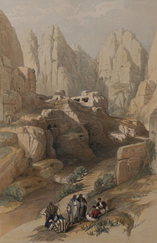 DAVID ROBERTS (Scottish, 1796-1864), The Ravine, Petra, hand-coloured lithograph, signed in plate lower right "David Roberts", inscribed "London, published by F.G. Moon, 20 Threadneddle Street, Oct. 1st, 1842, ​51.5 x 35cm, frame 90 x 73cm overall