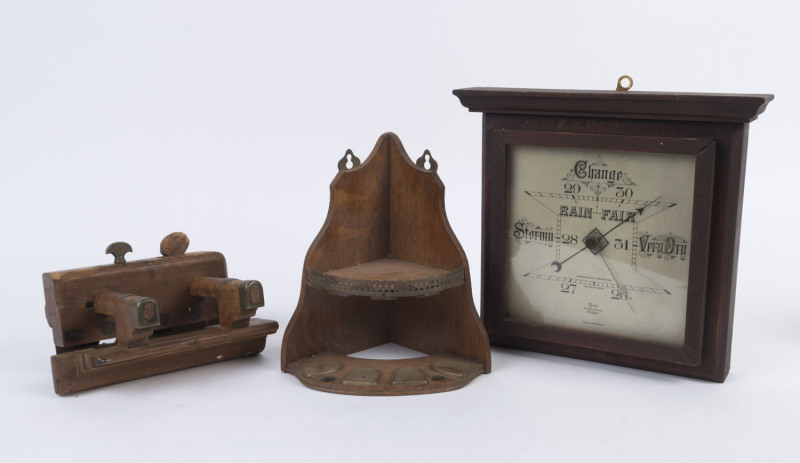 An English oak wall barometer, pipe rack and an antique wood plane, 19th and early 20th century, (3 items) ​the barometer 28cm high