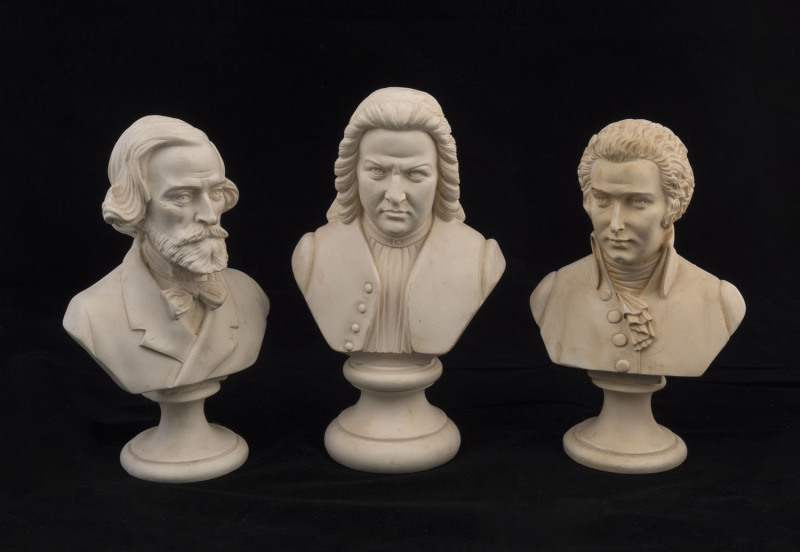 Three composer busts, cast resin, 20th century, ​the largest 25cm high