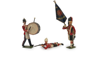 BRITAINS: - 54mm Hollow Cast Lead - Band of the Line: bandsmen figures with instruments including Bass Drummers (2), Snare Drummer, Standard Bearer & Drum Major; most figures with articulated left & right arms. (19).