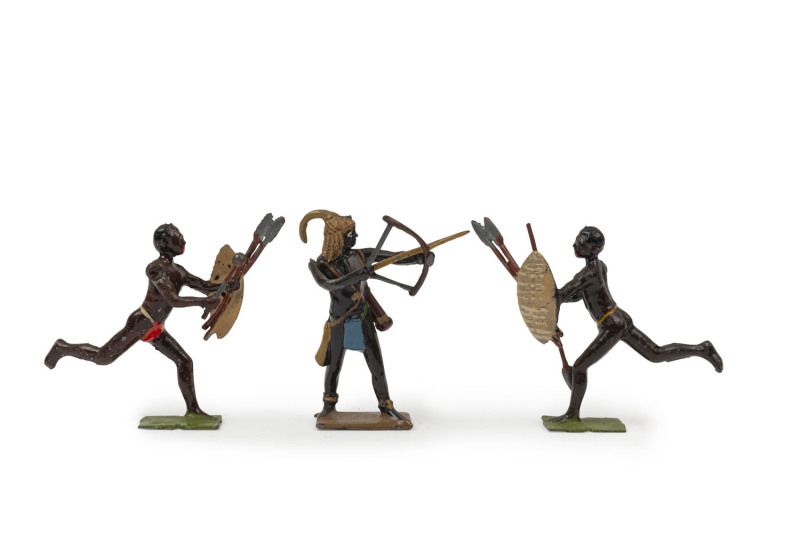 BRITAINS: - 54mm Hollow Cast Lead - Zulu & Togolaise Warriors: with Zulu figures (12), six brandishing spears, six brandishing clubs, all carrying additional spears and shield; Togolaise warrior figures (6) armed with bow and arrows; all the figures have