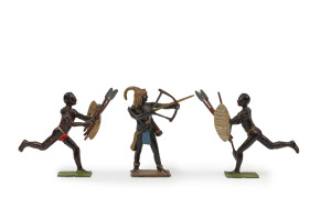 BRITAINS: - 54mm Hollow Cast Lead - Zulu & Togolaise Warriors: with Zulu figures (12), six brandishing spears, six brandishing clubs, all carrying additional spears and shield; Togolaise warrior figures (6) armed with bow and arrows; all the figures have 