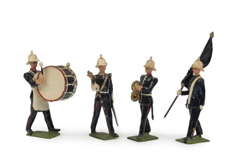 BRITAINS: - 54mm Hollow Cast Lead - Band of the Royal Marines: group of 25 figures including Bass Drummer (2), Snare Drummers (4), Drum Major & Standard Bearers (2); many figures with articulated arms. (25)