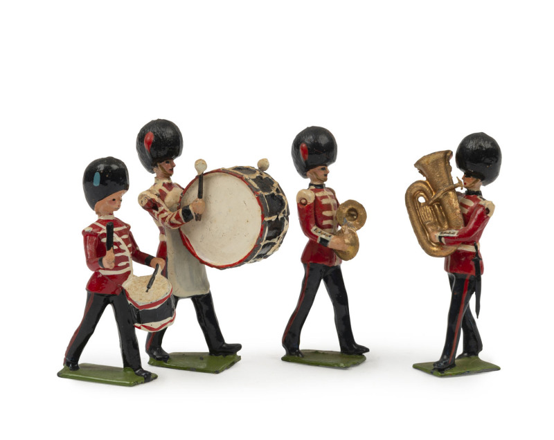 BRITAINS: - 54mm Hollow Cast Lead - Band of the Coldstream Guards: group of 22 figures including Bass Drummer (2), Snare Drummers (3), Drum Major & Standard Bearers (2); some with articulated arms.