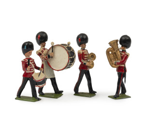 BRITAINS: - 54mm Hollow Cast Lead - Band of the Coldstream Guards: group of 22 figures including Bass Drummer (2), Snare Drummers (3), Drum Major & Standard Bearers (2); some with articulated arms.
