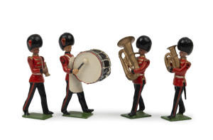 BRITAINS: - 54mm Hollow Cast Lead - Band of the Coldstream Guards plus associated Regiment figures: group of figures including Bass Drummer, Snare Drummers (3) & Drum Major, also Sappers carrying axes (10); many figures with one or two arms articulated. (