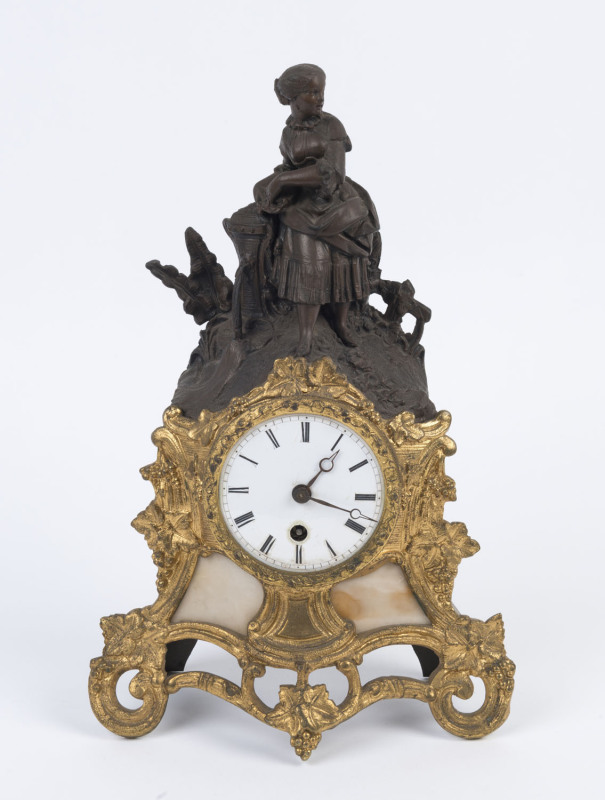 A French figural mantel clock, timepiece only in gilt metal, spelter and alabaster, 19th century, no pendulum or key, 35cm high