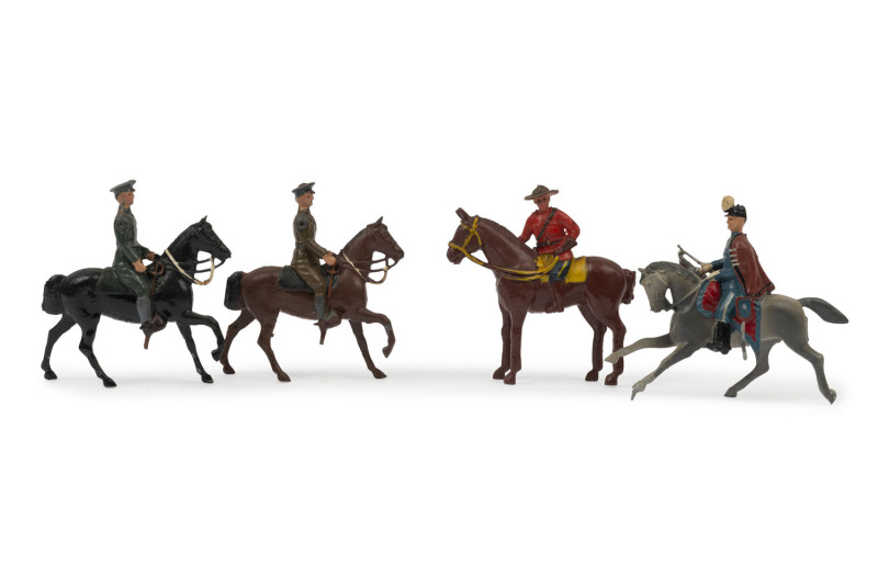 BRITAINS: - 54mm Hollow Cast Lead - Assorted Military Figures Mounted on Horseback: including Australian Army Officers (3), Canadian Mounties (3), Danish Cavalryman & French Cuirassiers (9); most with the weapon-carrying arm articulated. (19 items)