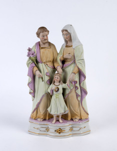 An antique German bisque porcelain religious statue of Mary, Joseph and Jesus, 19th century, 32cm high