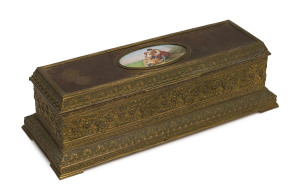 An antique French musical glove box, gilt bronze with hand-painted miniature top, 19th century, 10cm high, 32cm wide, 12cm deep