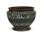 A Chinese bronze and cloisonne, jardiniere, Qing Dynasty, 19th century, four character mark to base, 16cm high, 21cm diameter