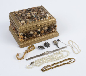 Shell encrusted jewellery box and assorted jewellery including, two buttons, two ladies watches, baby seed pearl necklace with 18ct white gold clasp, costume pearl necklace, paua shell and silver stickpin, a necklace and a bracelet, (10 items), ​the box 1